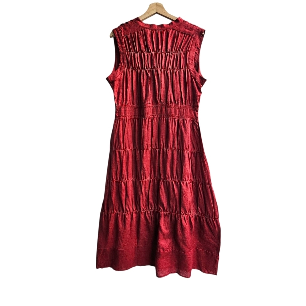 RUST Color!Vintage Carole Little Linen Dress, Rust Color Tiered Ruched, Size 12 - Picture 2 of 14